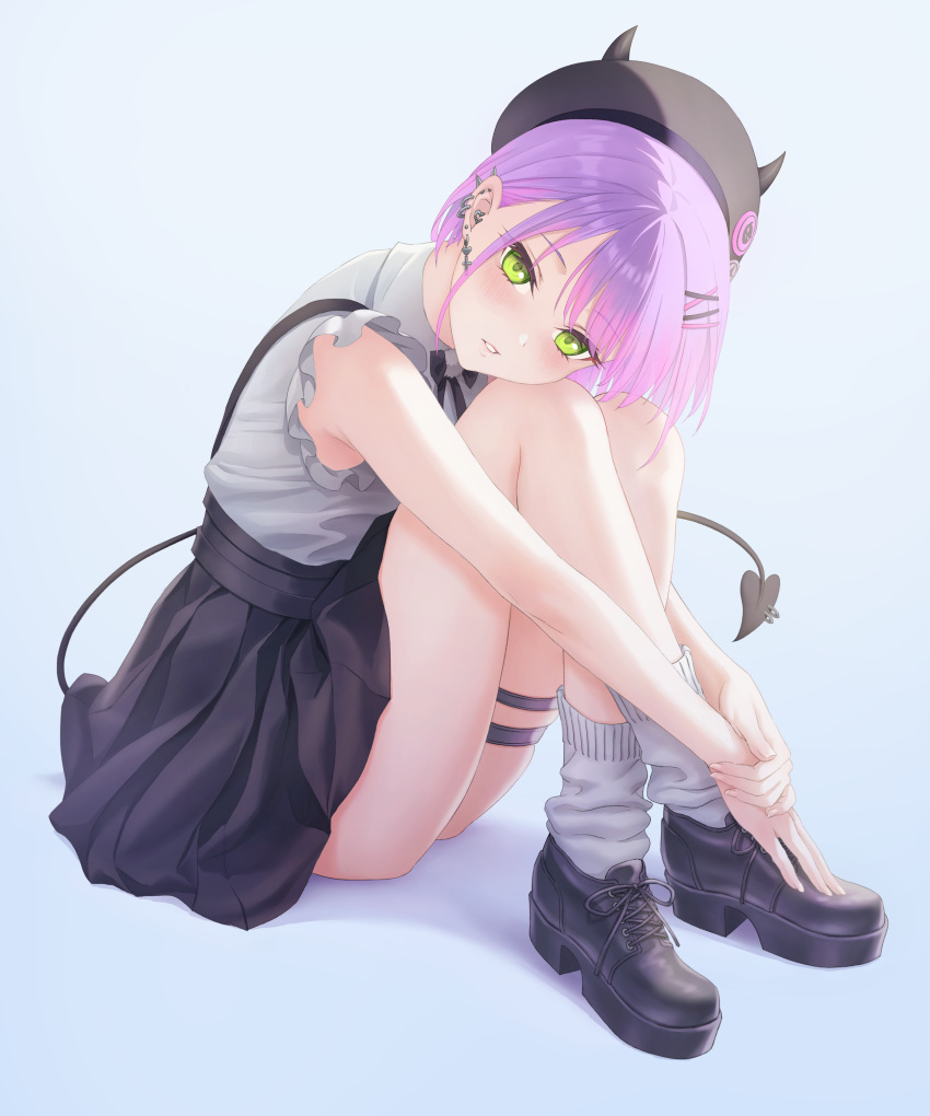 1girl, absurdres, beret, blouse, blue_background, blush, casual, demon_tail, earmuffs, earrings, eyebrows_visible_through_hair, frills, green_eyes, hair_ornament, hairclip, hat, highres, hololive, jewelry, lei_(shuanglei2), loose_socks, multiple_earrings, parted_lips, piercing, purple_hair, short_hair, simple_background, sitting, skirt, solo, tail, tail_ornament, tail_piercing, thigh_strap, tokoyami_towa, virtual_youtuber