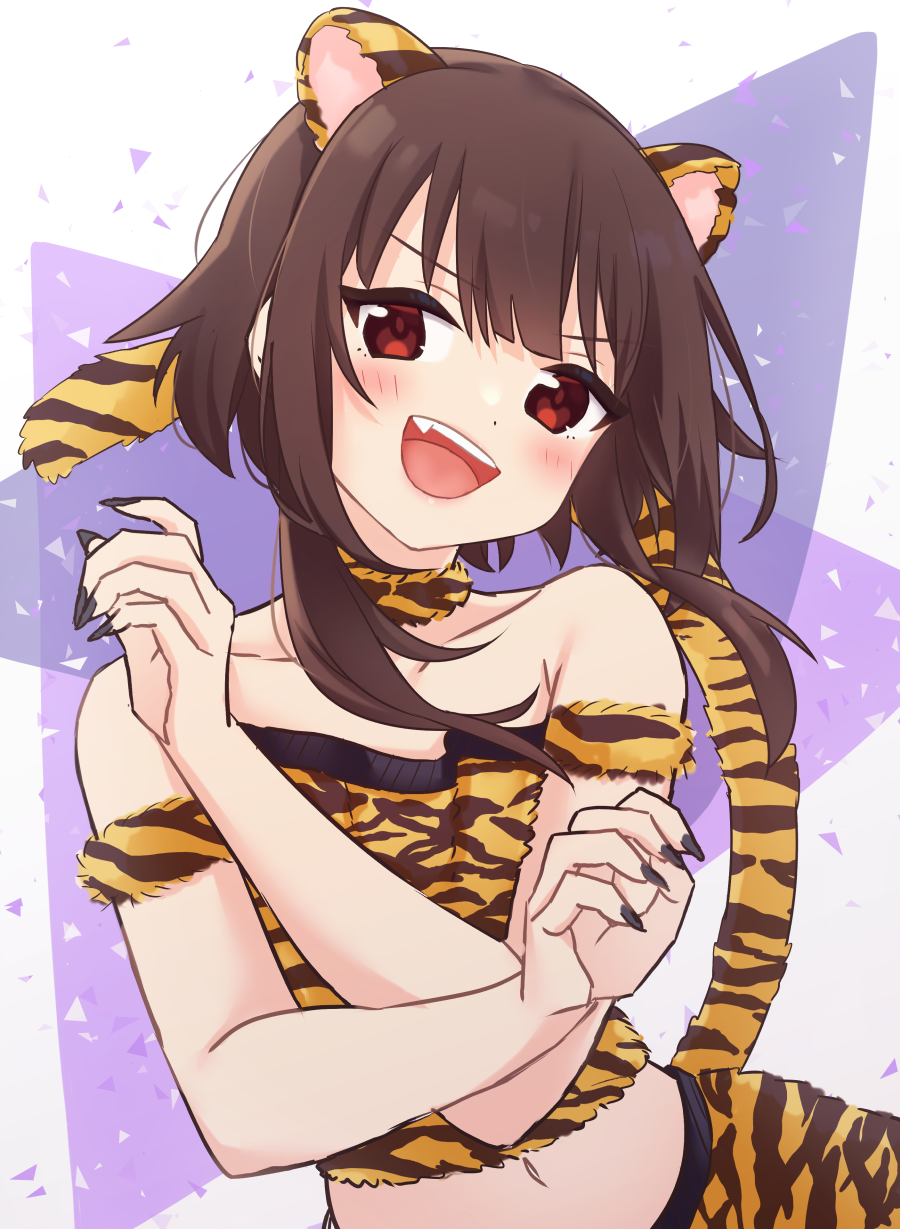 1girl, animal_ears, animal_print, bangs, bare_shoulders, blush, brown_hair, chinese_zodiac, choker, highres, kono_subarashii_sekai_ni_shukufuku_wo!, looking_at_viewer, megumin, new_year, red_eyes, short_hair_with_long_locks, sidelocks, solo, syu_an_n, tail, tiger_ears, tiger_print, tiger_tail, upper_body, year_of_the_tiger