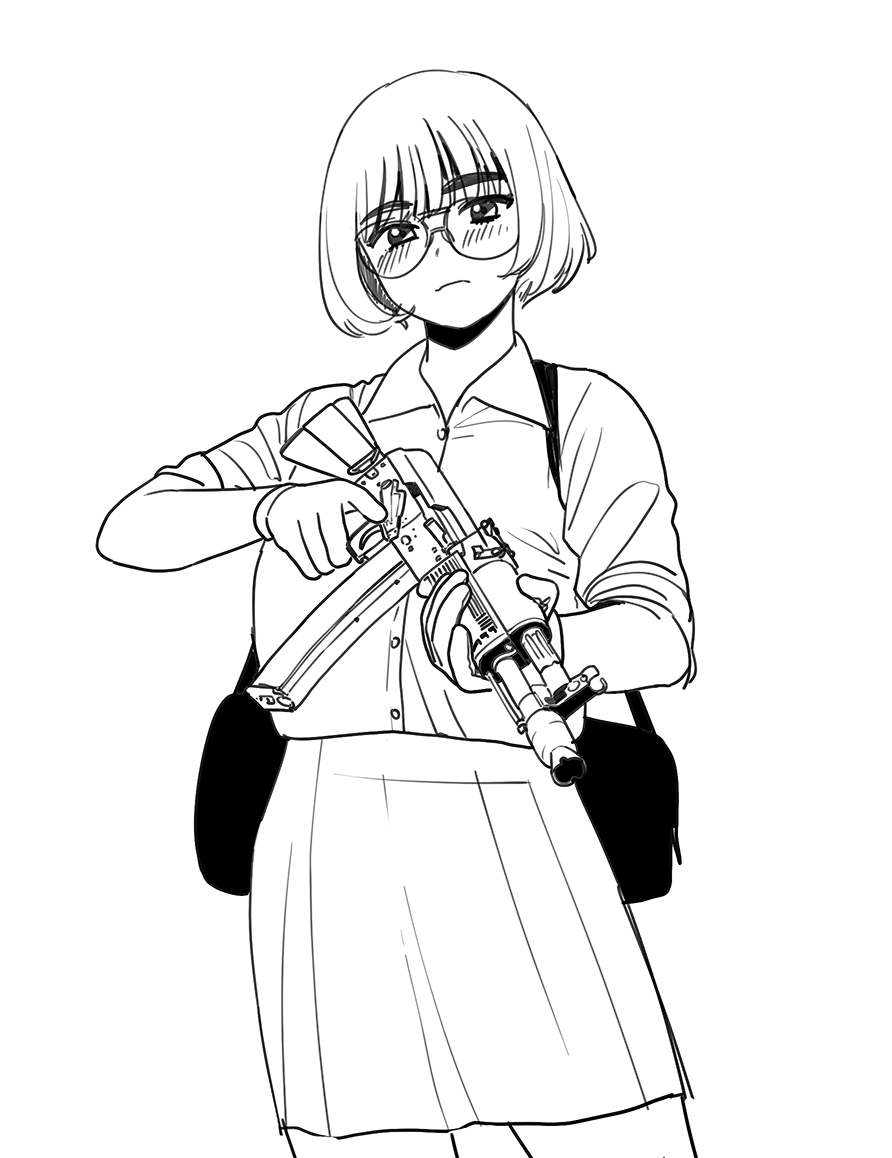 1girl, ak-105, assault_rifle, bag, blush, closed_mouth, collared_shirt, commentary