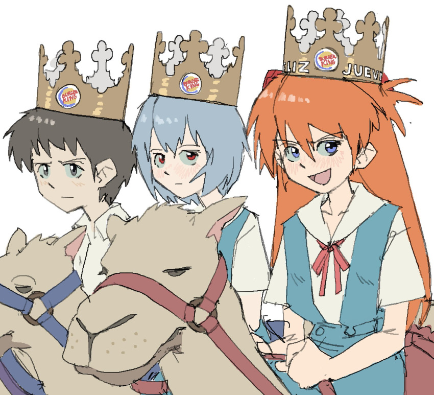 1boy, 2girls, ayanami_rei, blue_eyes, blue_hair, burger_king, camel, crown