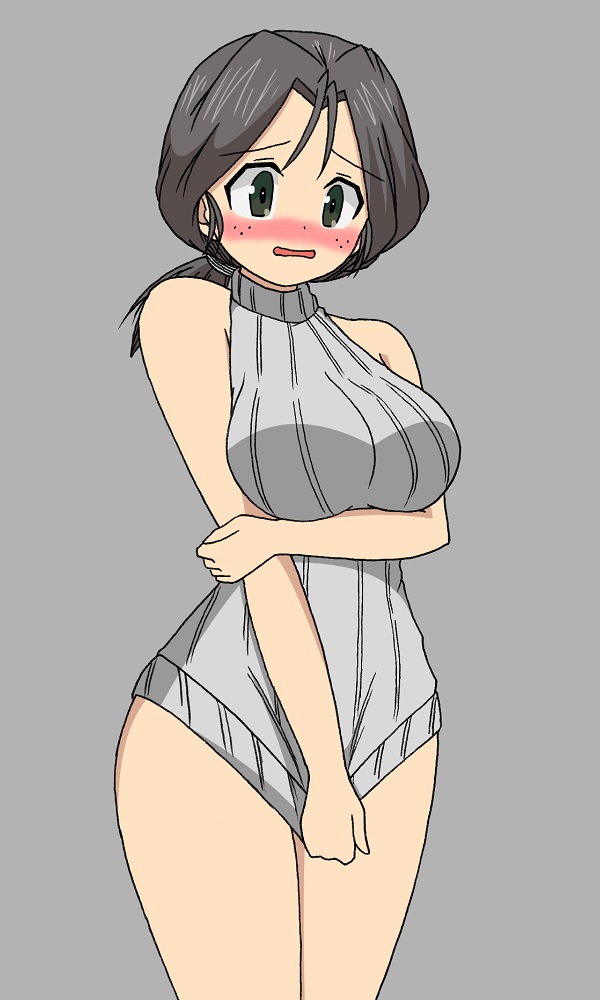 1girl, arm_under_breasts, blush, bottomless, breasts, embarrassed, freckles, girls_und_panzer, grey_background, grey_eyes, grey_hair, grey_sweater, ichinose_jun, large_breasts, meme_attire, nose_blush, piyotan_(girls_und_panzer), short_ponytail, simple_background, solo, sweater, virgin_killer_sweater