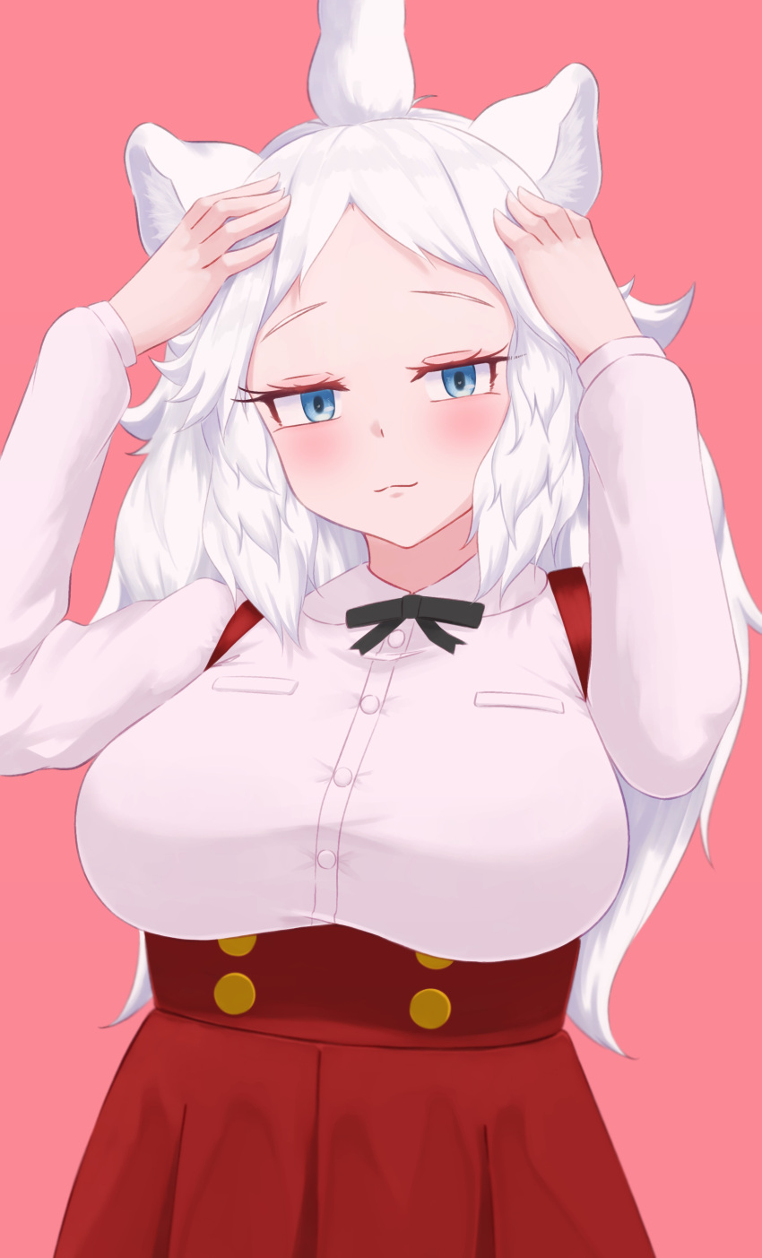 1girl, absurdres, animal_ears, arms_up, blue_eyes, breasts, eka_kinoko, eyebrows