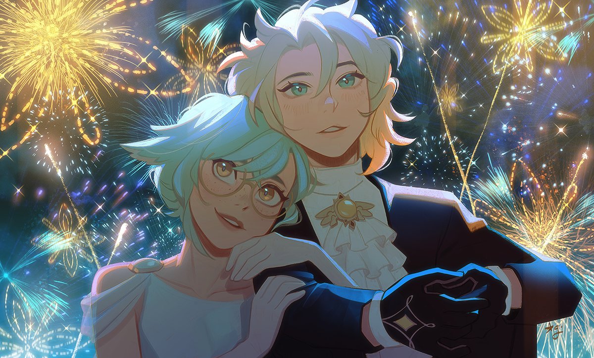 1boy, 1girl, aerial_fireworks, albedo_(genshin_impact), aleikats, alternate_costume, animal_ears, ascot