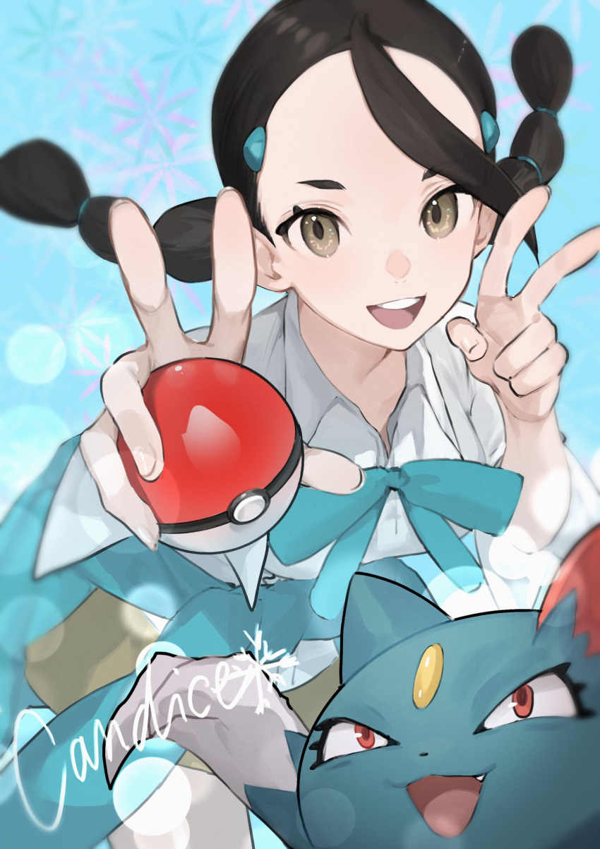 1girl, :d, black_hair, brown_eyes, brown_skirt, candice_(pokemon), character_name, clothes_around_waist