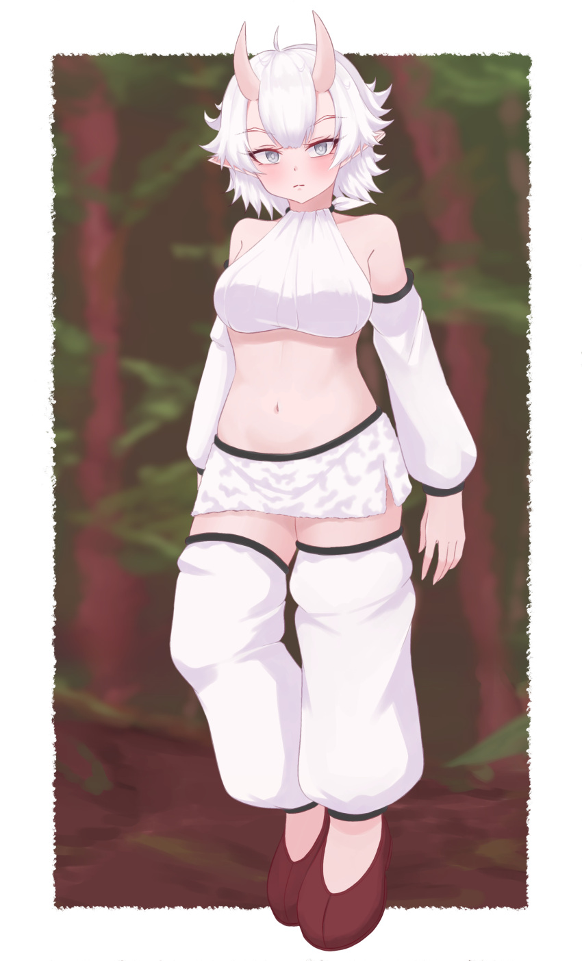 1girl, absurdres, breasts, closed_mouth, crop_top, detached_sleeves, eka_kinoko, eyebrows_visible_through_hair, grey_eyes, highres, horns, large_breasts, looking_at_viewer, navel, original, personification, pointy_ears, short_hair, sleeveless, solo, spiky_hair, white_hair