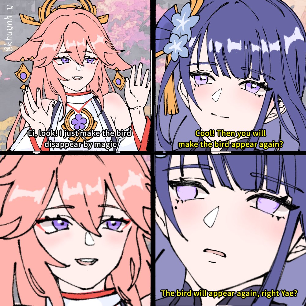 2girls, \||/, animal_ears, arms_up, bangs, blunt_bangs, closed_mouth, comedy, detached_sleeves, earrings, empty_eyes, english_text, eyelashes, eyeliner, eyeshadow, fingernails, for_the_better_right?_(meme), fox_ears, genshin_impact, hair_between_eyes, hair_ornament, headgear, japanese_clothes, jewelry, khuynh_y, long_hair, looking_at_another, makeup, meme, miko, mole, mole_under_eye, multiple_girls, open_mouth, pink_hair, priestess, purple_hair, raiden_shogun, red_eyeshadow, shiny, shiny_hair, sidelocks, smile, teeth, twitter_username, upper_body, upper_teeth, violet_eyes, wide_sleeves, yae_miko
