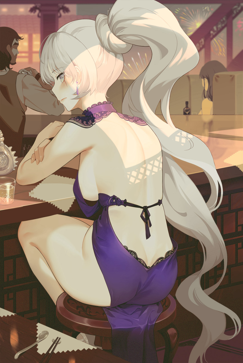 1girl, alternate_costume, ass, back, bare_back, blue_eyes, blush, breasts