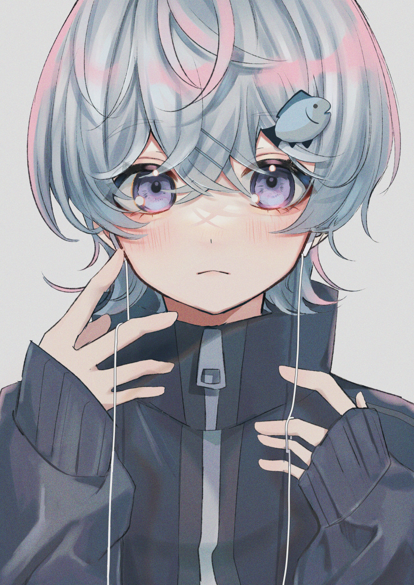 1girl, absurdres, amaharashi_34, black_jacket, blush, earphones, earphones, fish_hair_ornament, frown, hair_ornament, hairclip, highres, jacket, long_sleeves, looking_at_viewer, original, short_hair, silver_hair, violet_eyes, wire