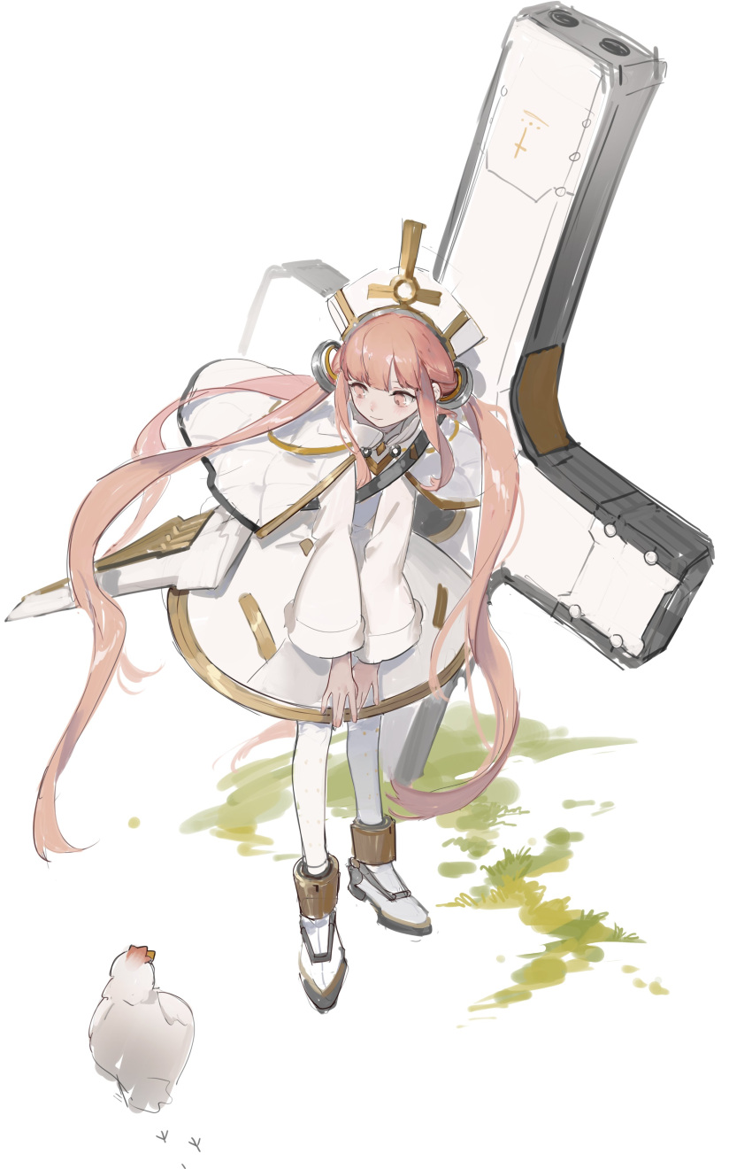 1girl, absurdres, alchemy_stars, ankle_cuffs, bangs, bird, blush, capelet