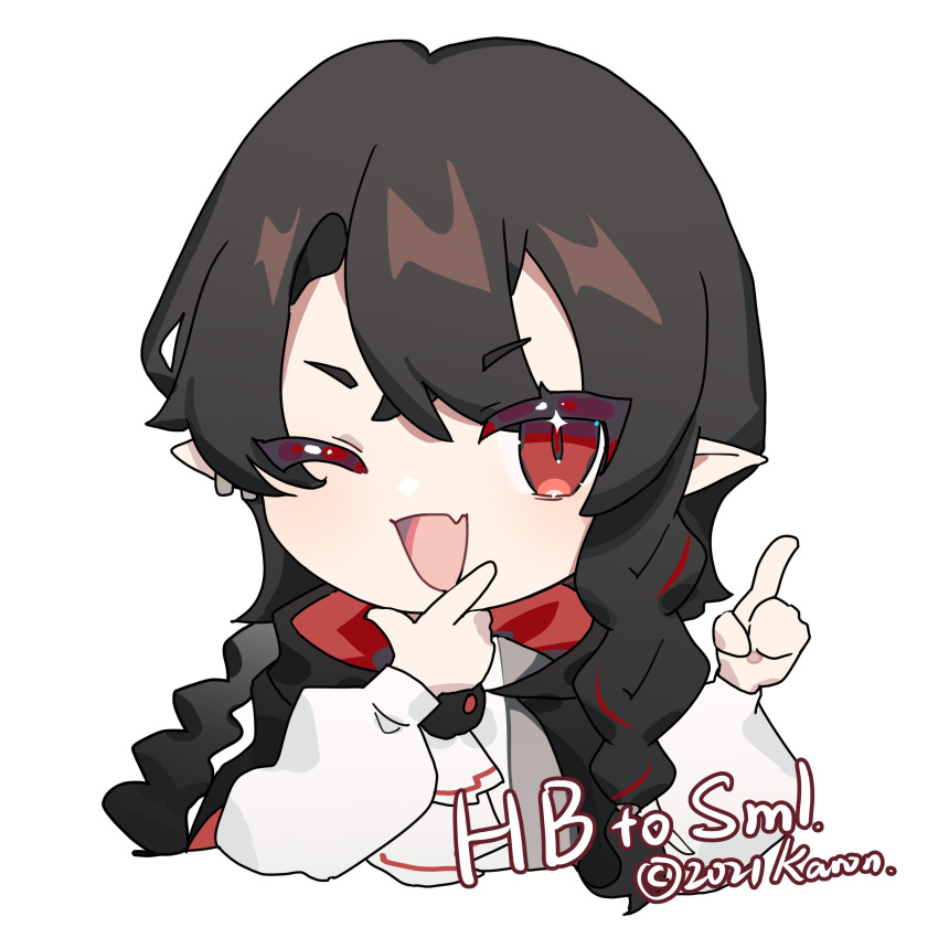 1boy, absurdres, black_hair, braid, chibi, fang, finger_gun, highres