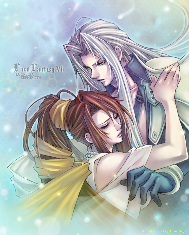 1girl, aimio_nagi, aimionagi, armor, brown_hair, character_name, closed_eyes, dress, female, final_fantasy, final_fantasy_vii, gloves, green_eyes, jewelry, long_hair, lucrecia_crescent, male, mother_and_son, necklace, ponytail, ribbon, sephiroth, silver_hair, spoilers, title_drop, yellow_ribbon