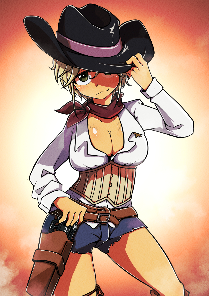 1girl, adjusting_clothes, adjusting_headwear, belt, black_belt, black_headwear, blonde_hair, blue_shorts