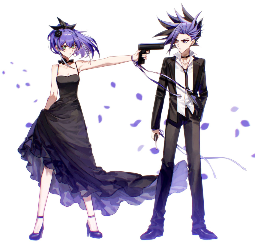 1boy, 1girl, alternate_costume, black_dress, black_hair, blue_hair, blush, bracelet