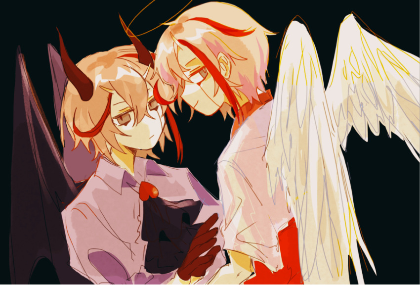2boys, angel, demon, demon_boy, looking_at_another, looking_at_viewer, multicolored_hair, multiple_boys, nijisanji, pale_skin, pink_hair, red_eyes, shi_yuanyuan, tocci_(virtuareal), virtuareal