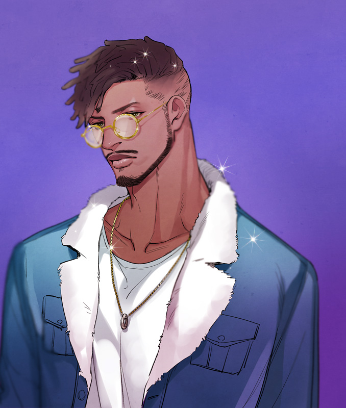 1boy, beard, black_hair, black_panther_(film), blue_jacket, dark-skinned_male, dark_skin, facial_hair
