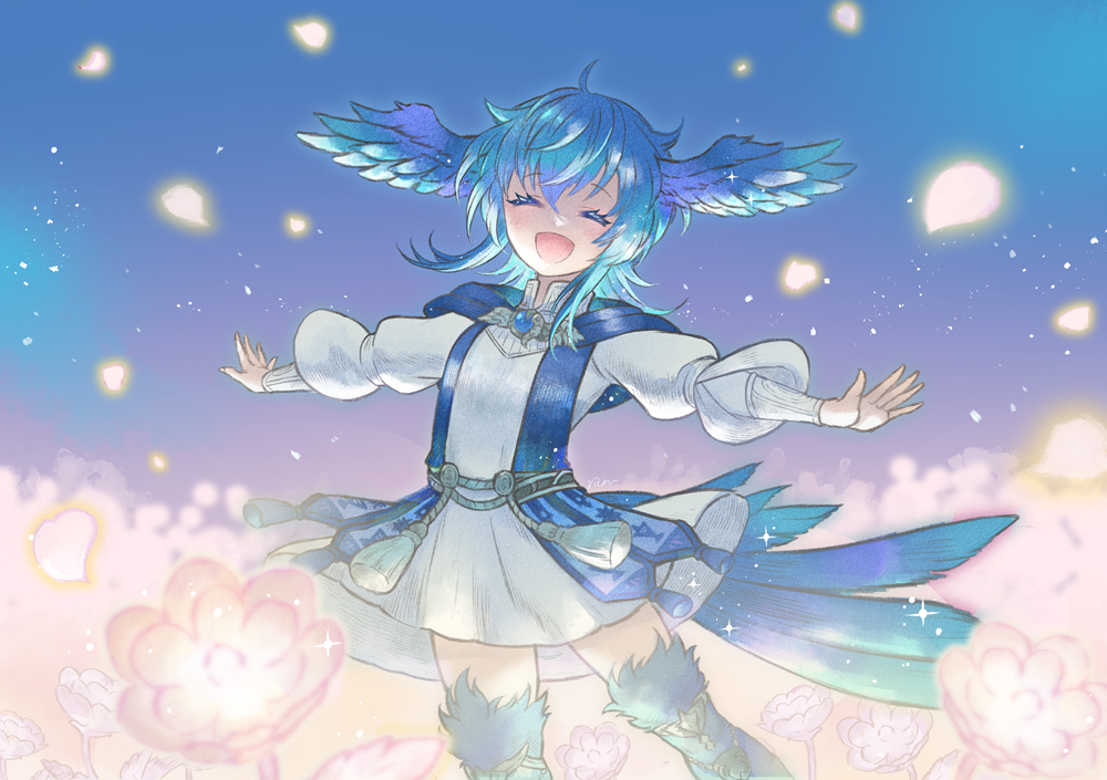 1girl, ^_^, ^o^, ahoge, bangs, belt, bird_girl, bird_tail