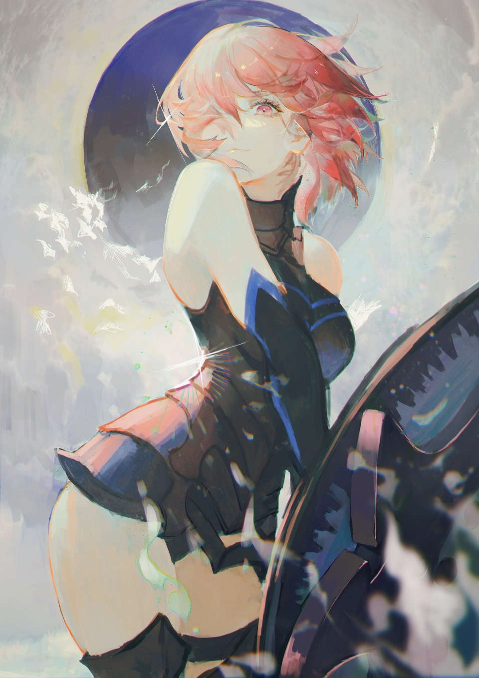 1girl, akalee, armor, bare_shoulders, black_armor, black_gloves, breastplate, closed_mouth