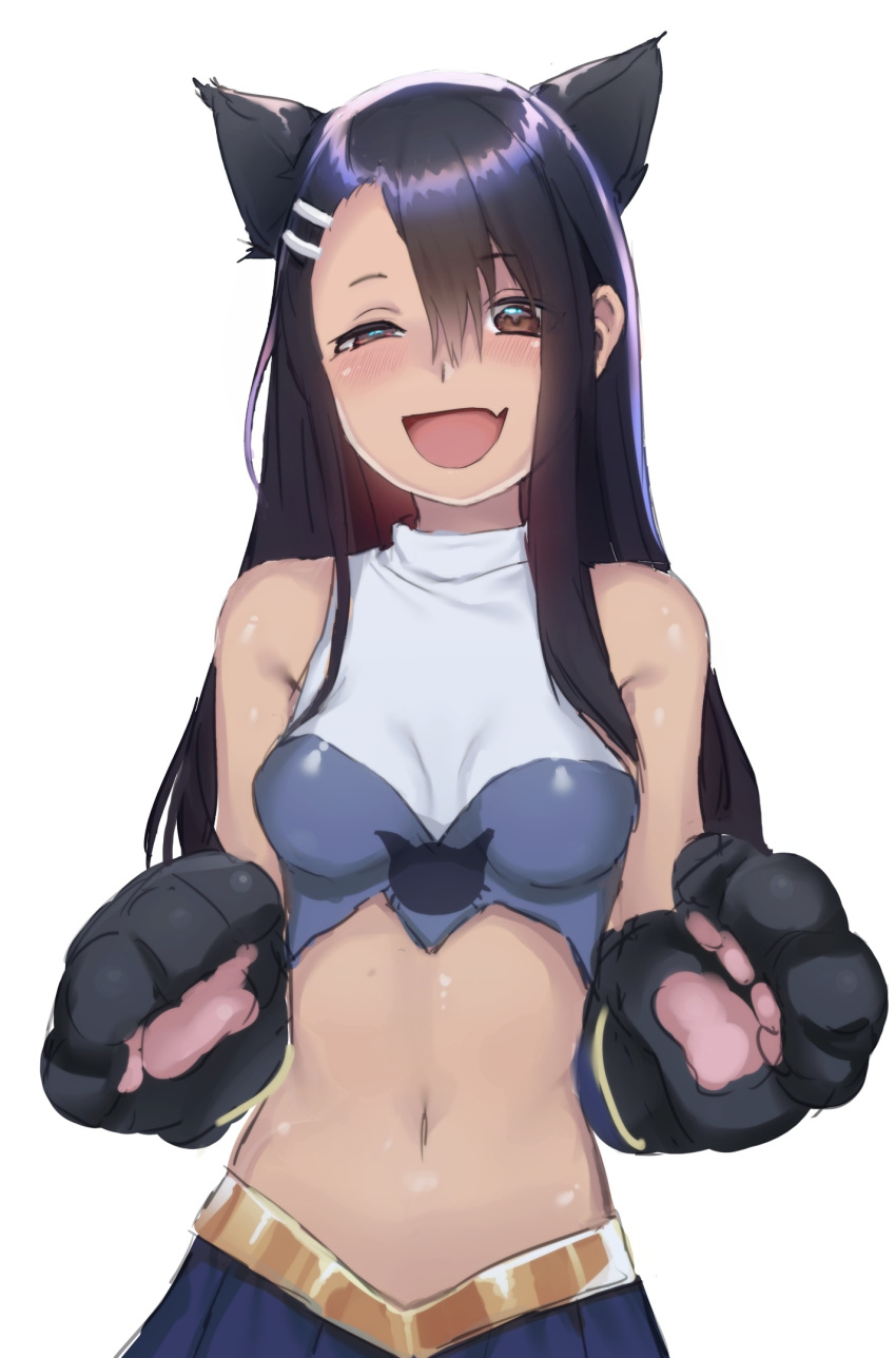 1girl, :d, animal_ears, animal_hands, asymmetrical_bangs, bangs, bare_shoulders, black_hair