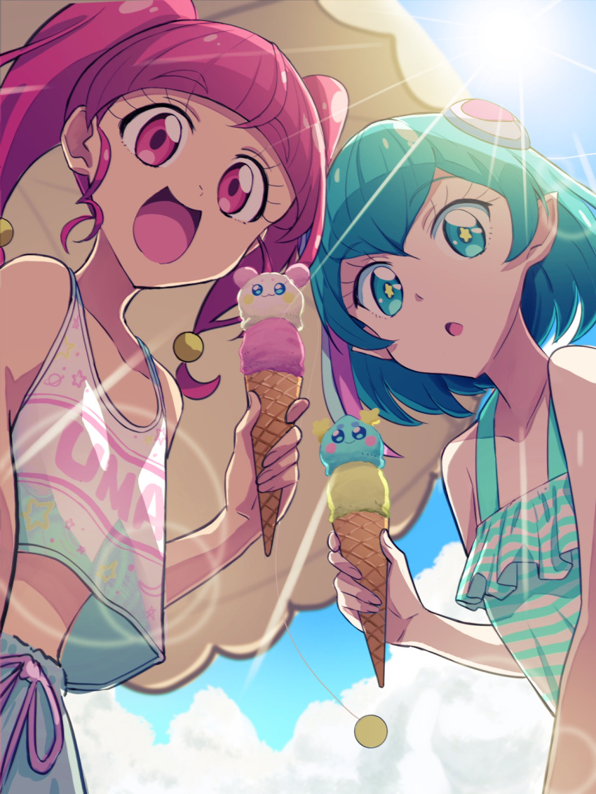 2girls, :d, :o, ahoge, antennae, aqua_eyes, aqua_hair, bangs