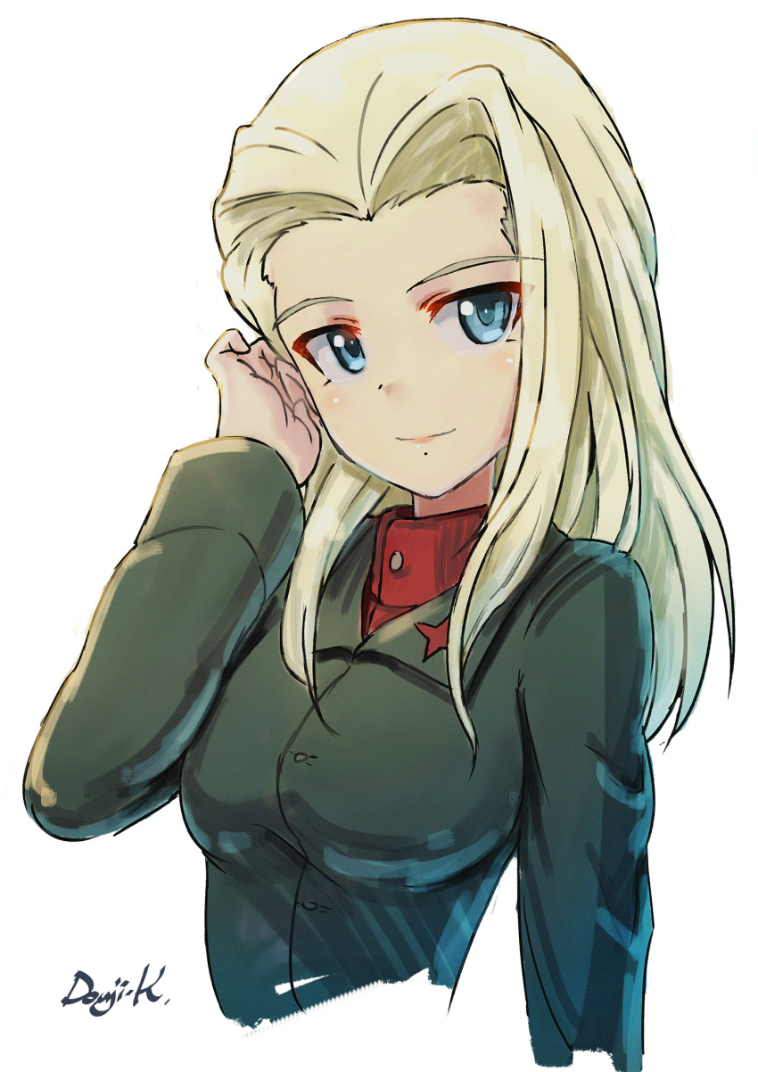 1girl, artist_name, blonde_hair, blue_eyes, clara_(girls_und_panzer), closed_mouth, commentary, cropped_torso