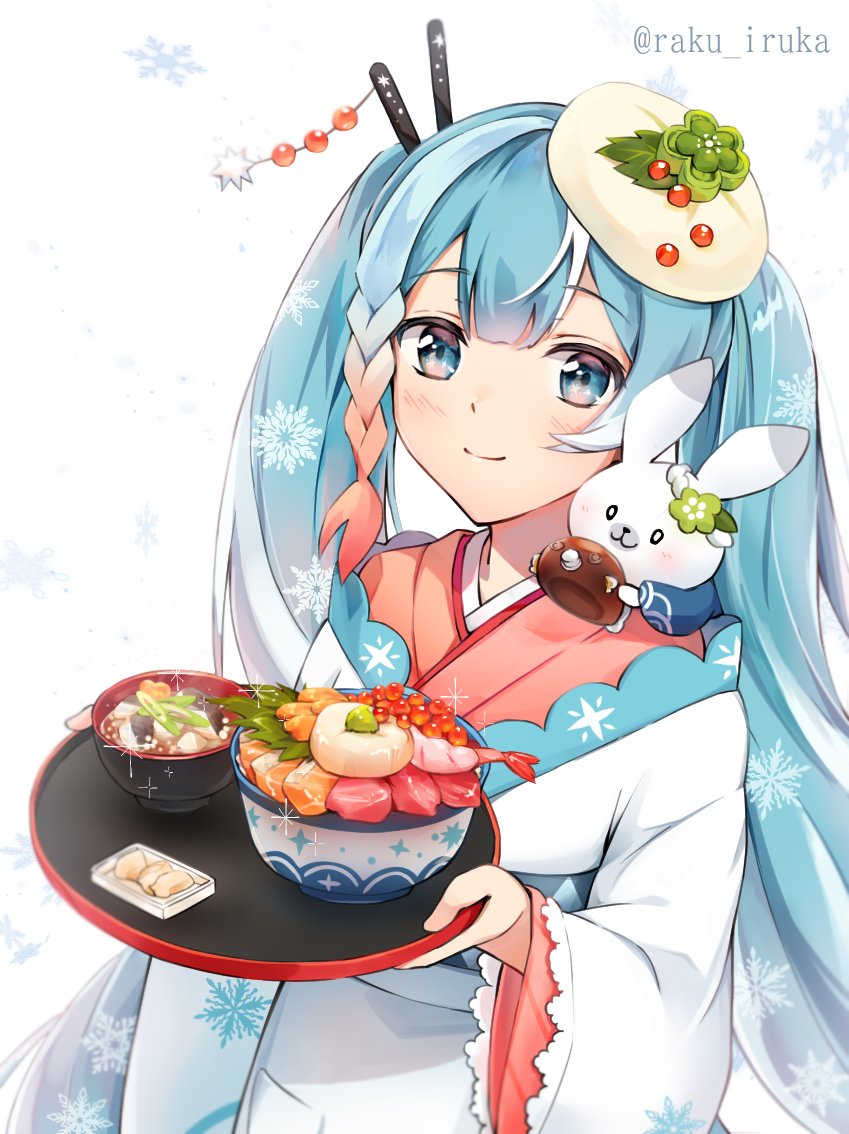 1girl, 1other, animal_on_shoulder, blue_eyes, blue_hair, bowl, chopsticks, commentary