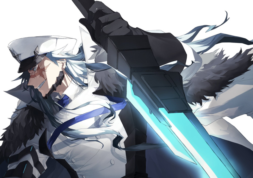 1boy, alchemy_stars, au_ko, barton_(alchemy_stars), blade, blue_eyes, coat, cross_scar