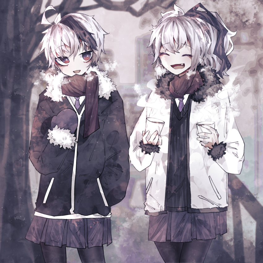 2girls, absurdres, black_coat, black_fur, black_hair, black_legwear, black_vest, blurry, blurry_background, branch, closed_eyes, coat, commentary, cowboy_shot, cup, dual_persona, fang, flower_(vocaloid), flower_(vocaloid3), flower_(vocaloid4), fur-trimmed_coat, fur_trim, hand_in_pocket, highres, holding, holding_cup, kanyoru, limited_palette, medium_hair, miniskirt, multicolored_hair, multiple_girls, necktie, open_mouth, outdoors, pantyhose, pleated_skirt, ponytail, purple_mittens, purple_necktie, purple_skirt, scarf, shirt, short_hair, skirt, smile, standing, streaked_hair, tree, vest, violet_eyes, vocaloid, white_coat, white_hair, white_shirt, winter