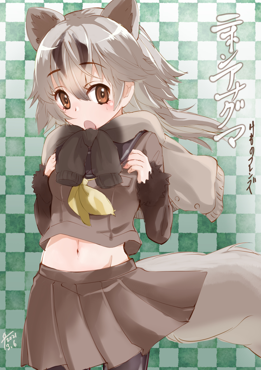1girl, badger_ears, badger_tail, breast_pocket, brown_eyes, brown_skirt, checkered_background, chiki_yuuko
