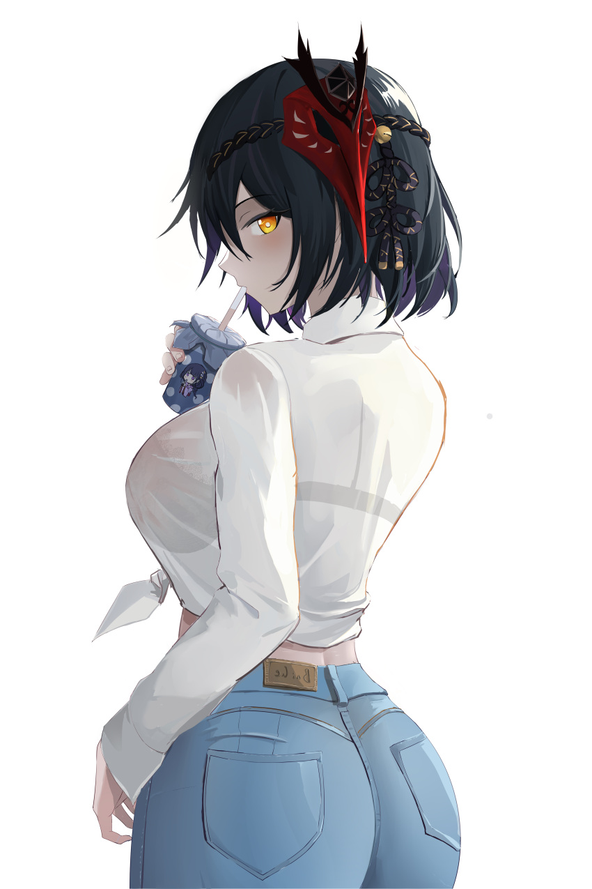 1girl, absurdres, alternate_costume, ass, baige0, black_bra, black_hair, blue_pants