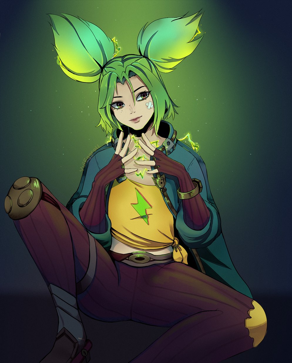 1girl, electricity, freckles, green_hair, highres, league_of_legends, zeri_(league_of_legends)