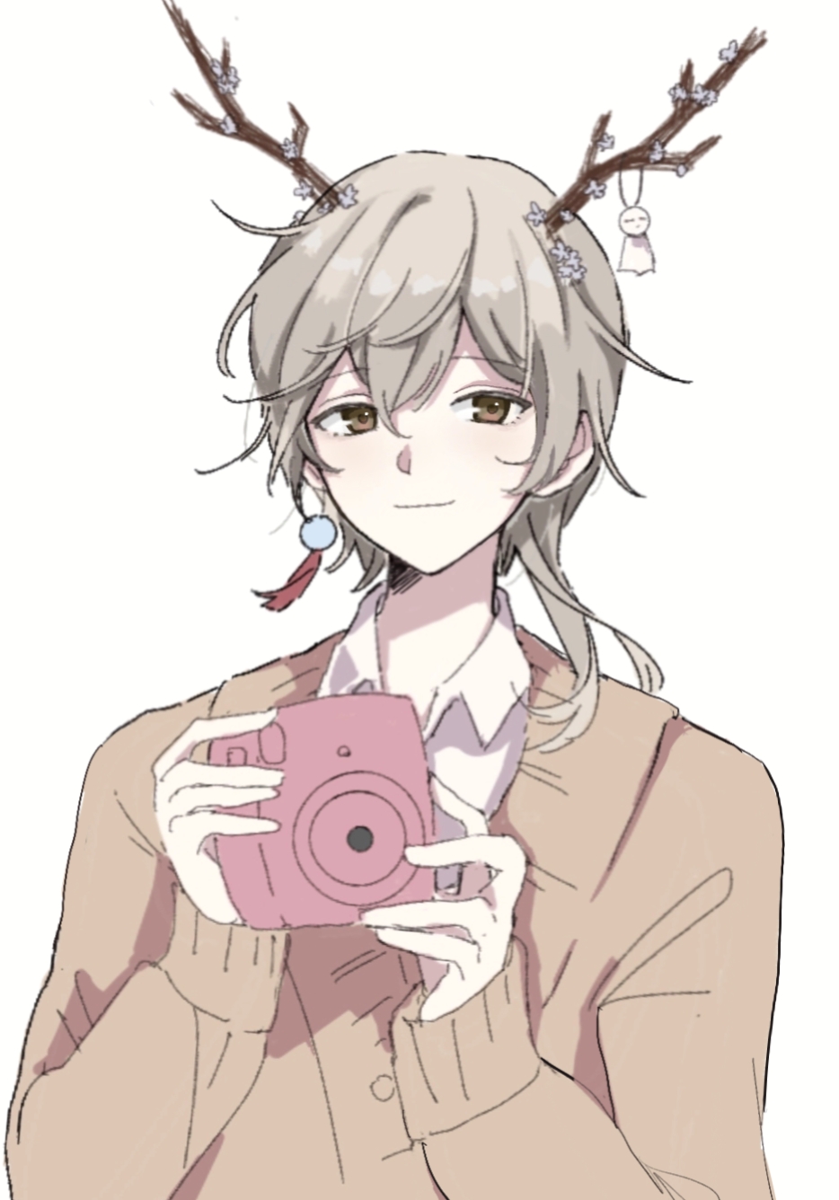 1boy, antlers, big_satisfaction_muffins, brown_eyes, brown_hair, camera, deer_antlers, ear_piercing, earrings, flower, green_eyes, highres, holding, holding_camera, jewelry, looking_to_the_side, nijisanji, pale_skin, piercing, school_uniform, virtuareal, yomiya_(virtuareal)