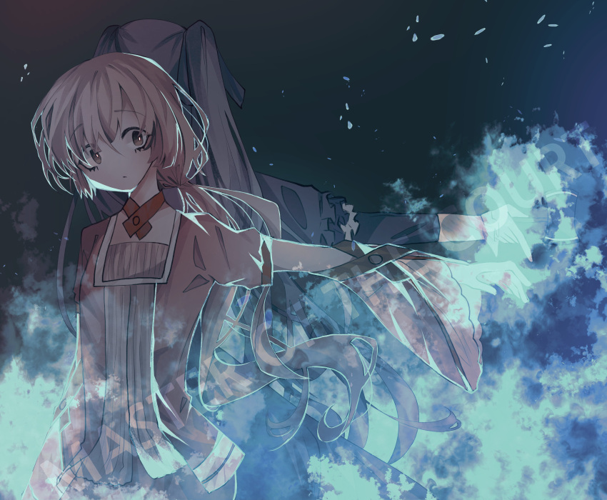 2girls, absurdres, back-to-back, blue_dress, blue_fire, choker, clockworker's_doll, dress