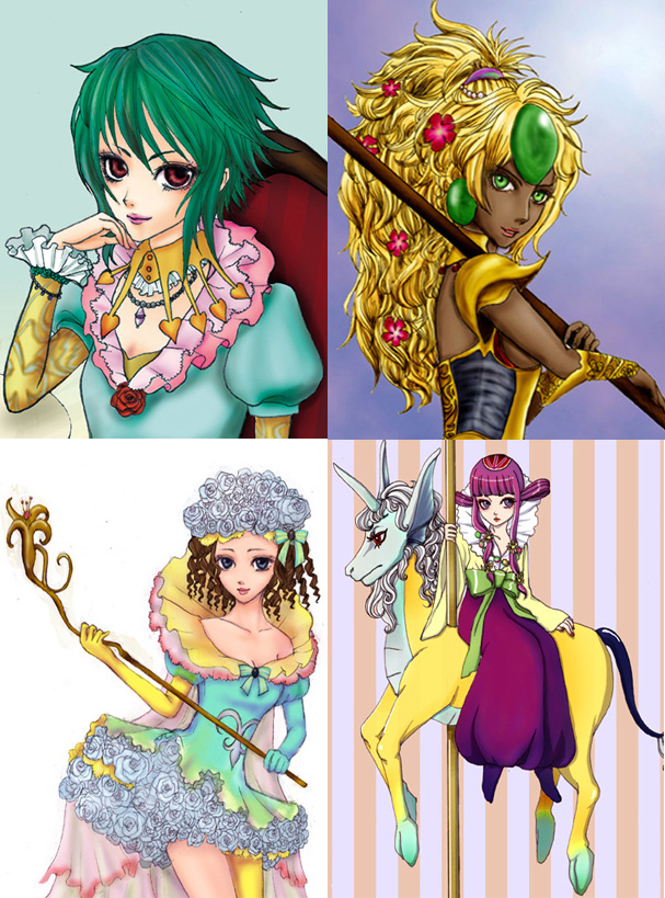 4girls, asellus, black_eyes, blonde_hair, brown_hair, curly_hair, dark_skin, dress, female, flower, green_eyes, green_hair, hair_ornament, horns, long_hair, necklace, princess_lion, princess_rei, princess_white_rose, purple_hair, red_eyes, saga, saga_frontier, seven_(pixiv347580), short_hair, staff, unicorn, violet_eyes