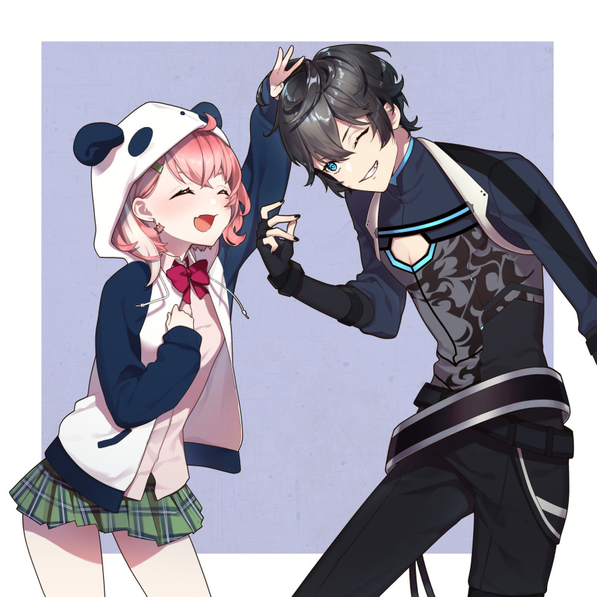 1boy, 1girl, ^_^, animal_hood, axia_krone, bangs, black_gloves, black_hair, bow, bowtie, cleavage_cutout, closed_eyes, clothing_cutout, eyebrows_behind_hair, fang, fingerless_gloves, gloves, green_skirt, highres, hood, kakei_senri, nijisanji, one_eye_closed, open_mouth, panda_hood, parted_lips, pectoral_cleavage, pectorals, pink_hair, plaid, plaid_skirt, red_bow, red_bowtie, sasaki_saku, short_hair, skin_fang, skirt, smile, virtual_youtuber