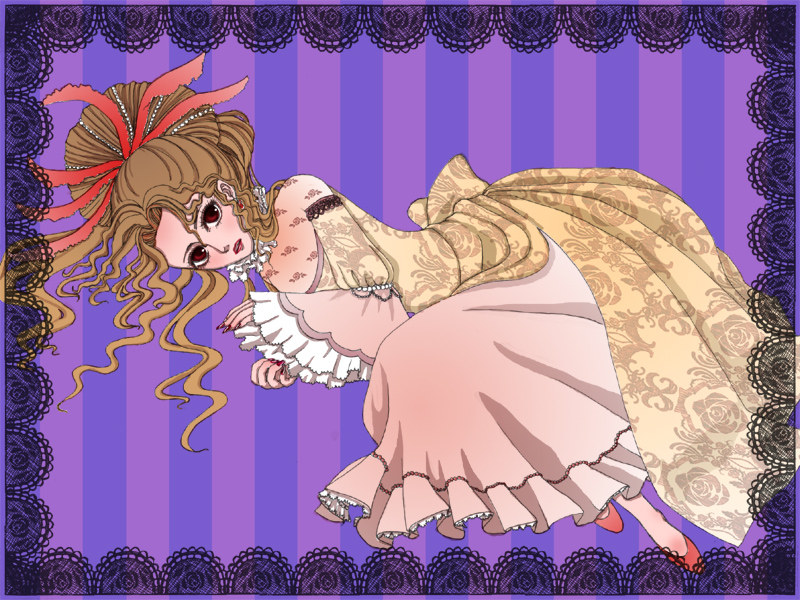 brown_hair, character_request, dress, earrings, female, hair_ornament, lipstick, long_hair