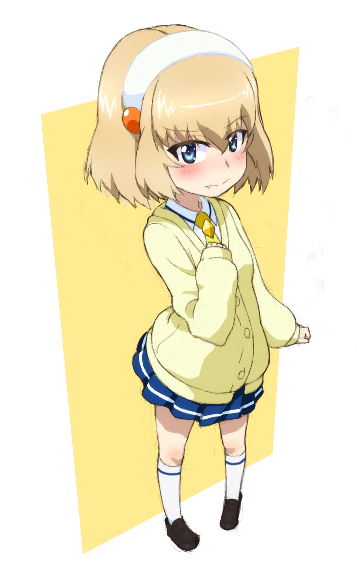 1girl, bangs, black_footwear, blonde_hair, blue_eyes, blue_skirt, blush, bob_cut