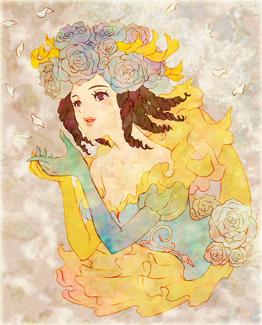 brown_eyes, brown_hair, curly_hair, dress, female, flower, kemucat, princess_white_rose