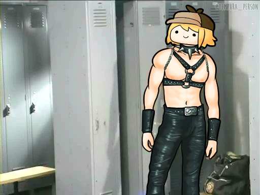 1girl, blonde_hair, cosplay, gachimuchi, hololive, hololive_english, leather, leather_pants