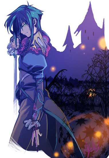 asellus, blood, female, green_eyes, green_hair, saga, saga_frontier, short_hair, solo, soo_(pixiv1418730), sword
