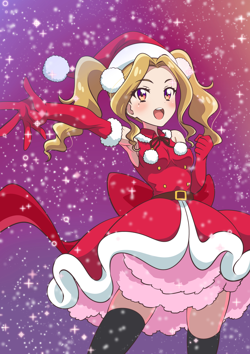 1girl, aikatsu!, aikatsu!_(series), amikaasan, armpits, back_bow, belt, bow, breasts, brown_belt, buttons, clenched_hand, commentary_request, cowboy_shot, daichi_nono, double-breasted, dress, elbow_gloves, eyebrows_visible_through_hair, forehead, foreshortening, fur-trimmed_dress, fur-trimmed_gloves, fur_trim, gloves, gradient, gradient_background, hair_intakes, hair_ornament, hat, highres, impossible_clothes, impossible_dress, layered_dress, long_hair, mole, mole_under_eye, multicolored_eyes, open_hand, open_mouth, orange_eyes, pink_background, pink_eyes, pom_pom_(clothes), pom_pom_hair_ornament, purple_background, reaching, red_bow, red_gloves, santa_costume, santa_dress, santa_hat, shiny, shiny_hair, shiny_skin, sideboob, skindentation, sleeveless, sleeveless_dress, snow, snowing, solo, sparkle, teeth, thigh-highs, twintails, upper_teeth, violet_eyes, zettai_ryouiki