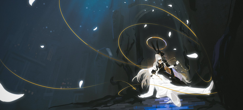 1girl, 1other, alchemy_stars, animal_ears, black_bow, black_dress, black_jacket, bow