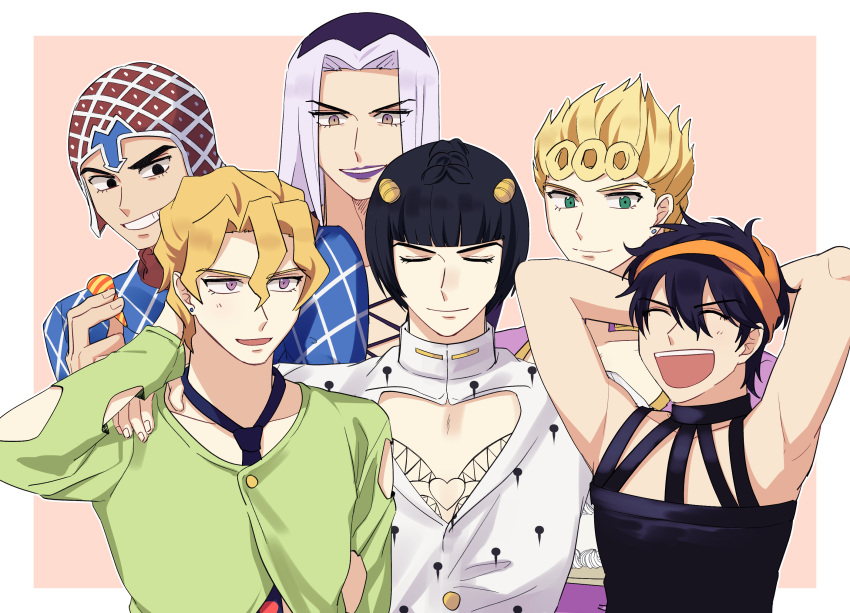 6+boys, argyle, argyle_sweater, black_hair, blonde_hair, bob_cut, bruno_buccellati, closed_eyes