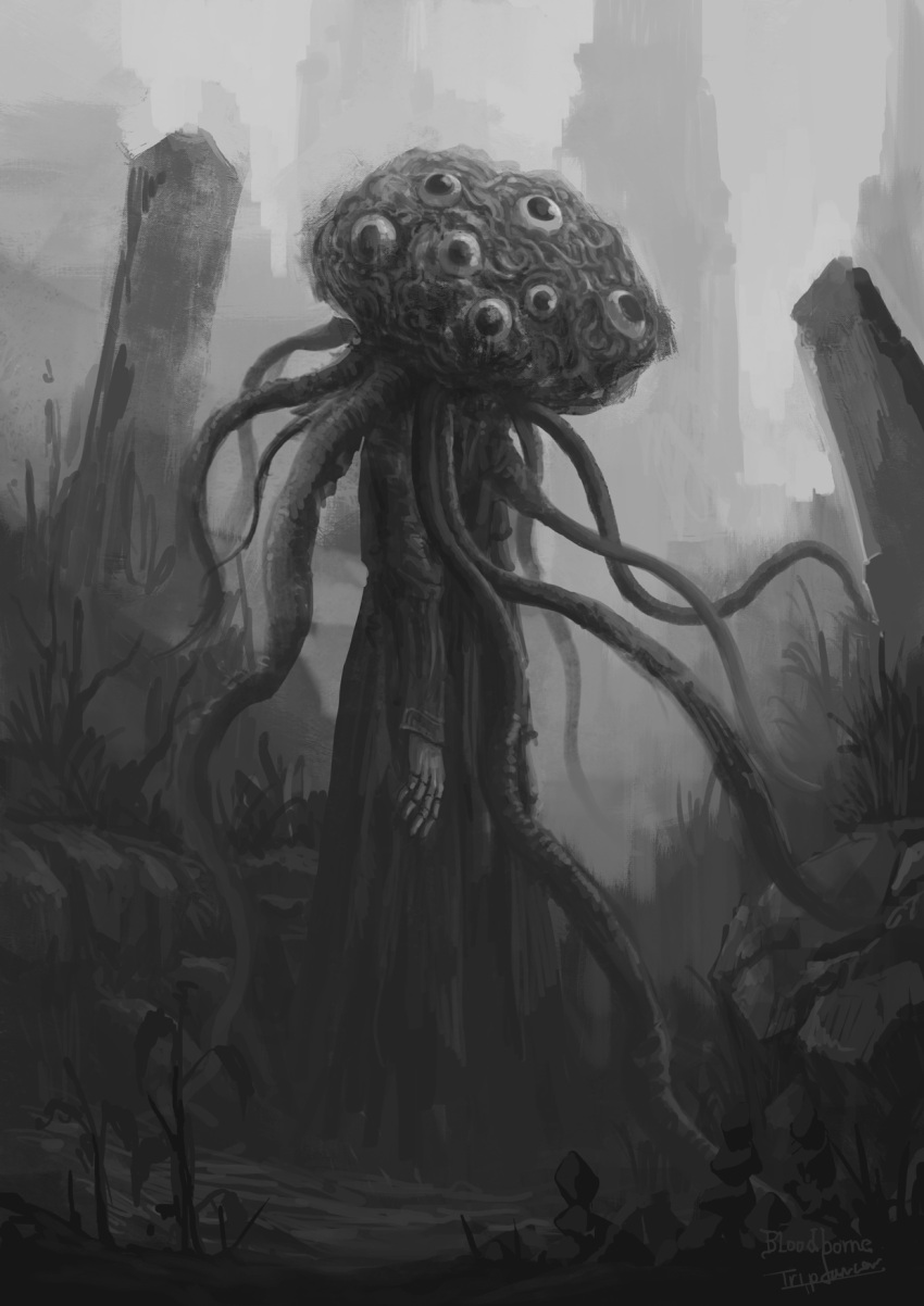 1other, arm_at_side, artist_name, bloodborne, brain, cloak, copyright_name, doll_joints