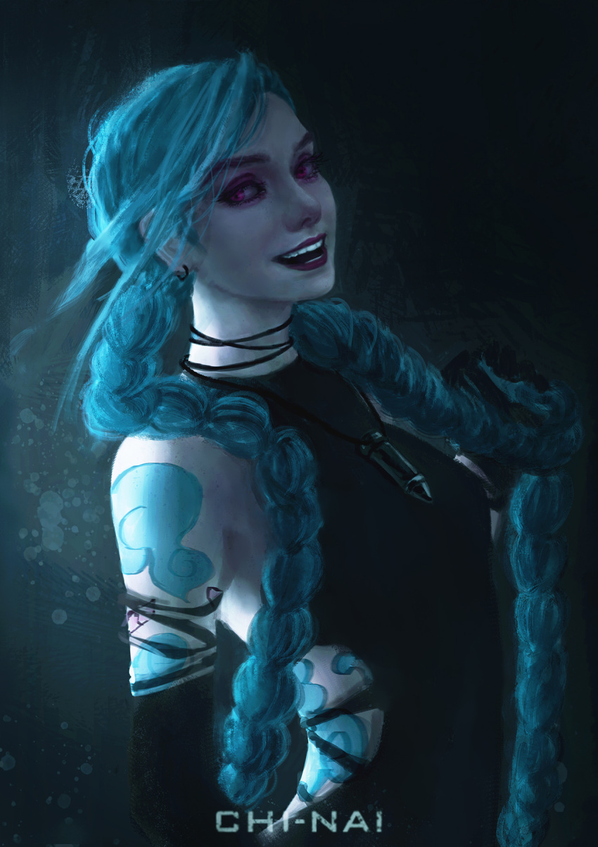 1girl, :d, alternate_costume, artist_name, bangs, bare_shoulders, black_background, black_choker