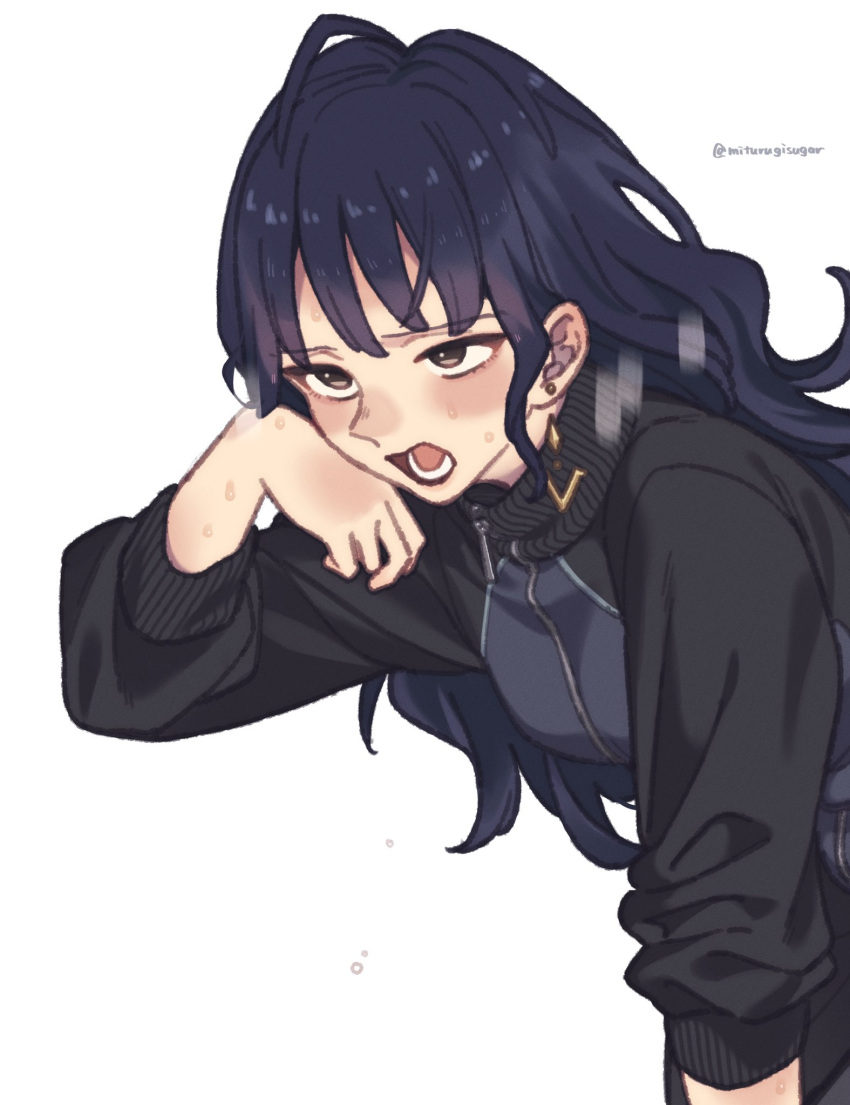 1girl, black_hair, commentary_request, curly_hair, earrings, eyebrows_visible_through_hair, eyelashes, hand_on_own_face