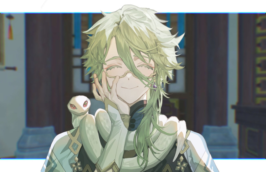 1boy, animal, baizhu_(genshin_impact), bangs, blurry, blurry_background, closed_eyes, earrings
