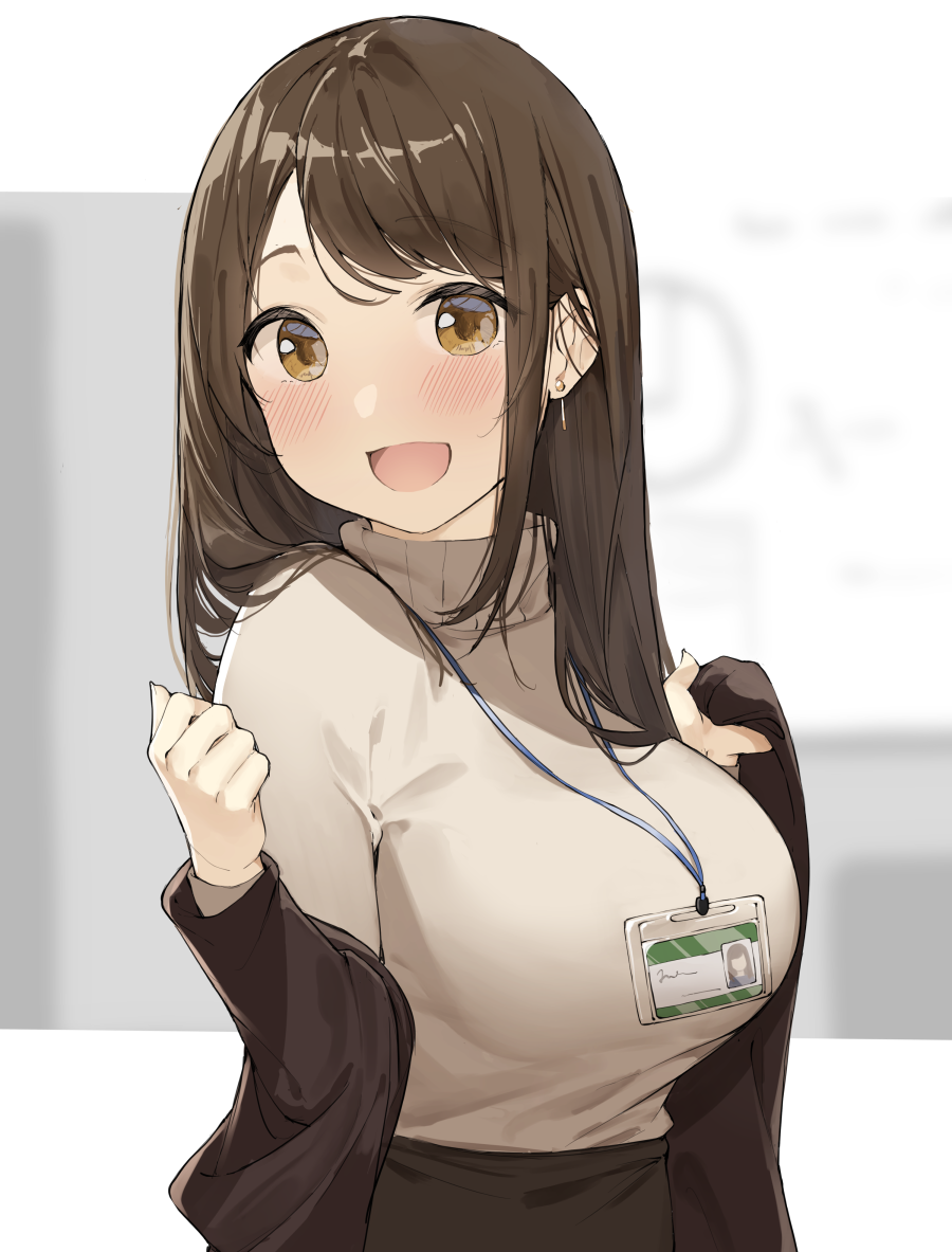 1girl, bangs, blazer, blush, breasts, brown_eyes, brown_hair, earrings