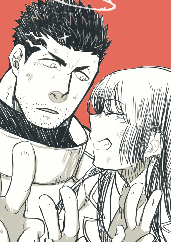 1boy, 1girl, double_v, facial_hair, flaming_halo, grin, looking_at_another, male_focus