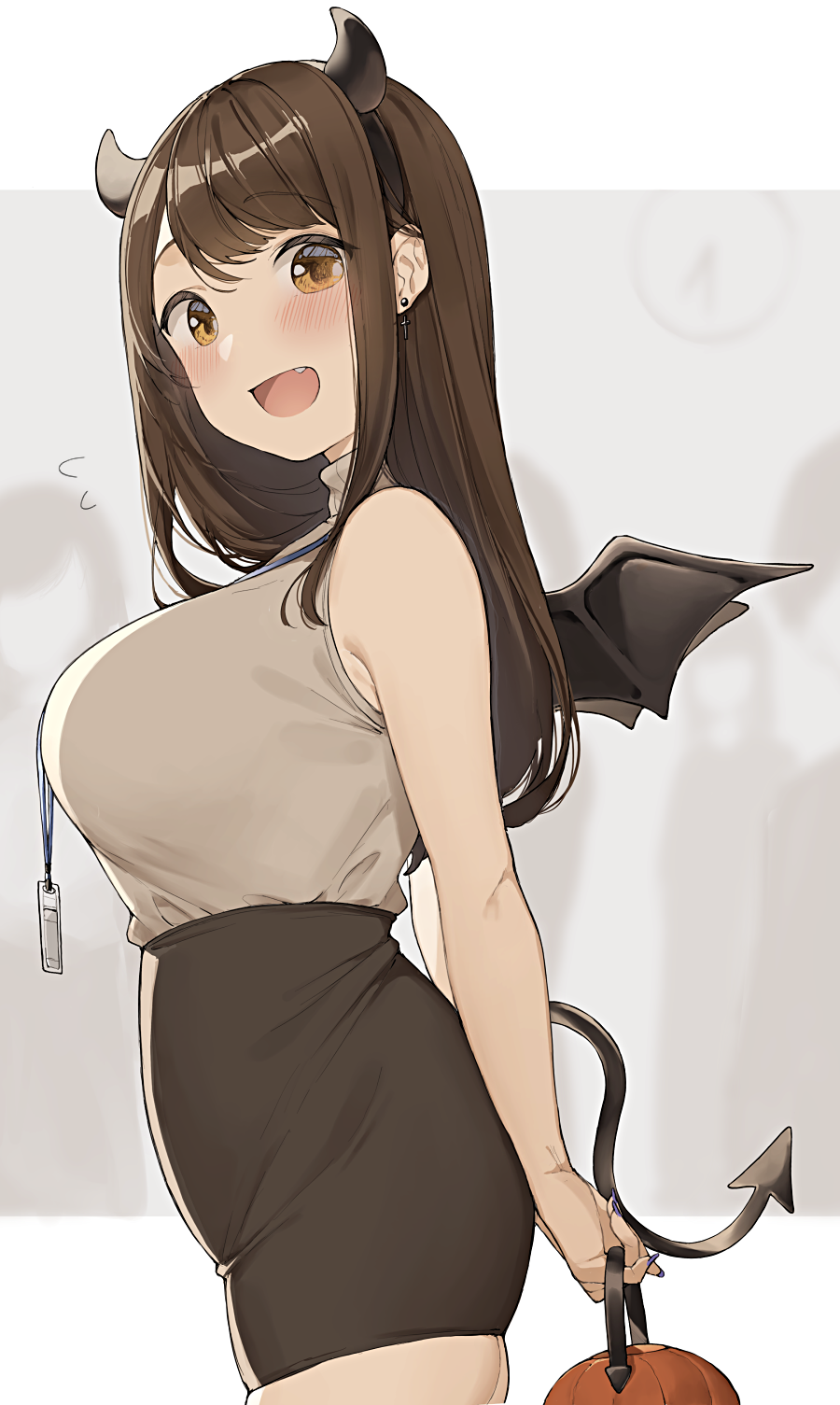 1girl, :d, armpit_crease, beige_shirt, black_hair, black_skirt, blurry, blurry_background