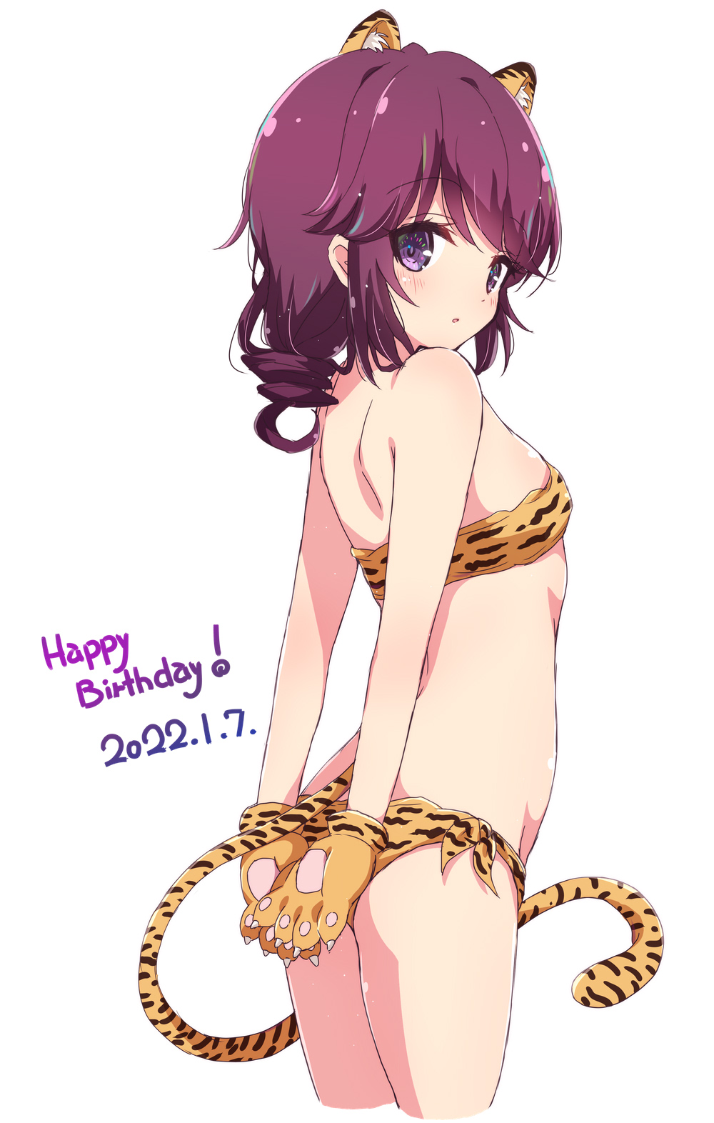1girl, animal_ears, animal_hands, animal_print, ass, bikini, breasts, commentary_request